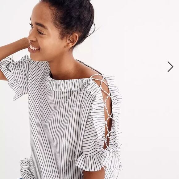 Madewell Ruffled Lace-Up Top in Stripe Gray Size XS - Picture 2 of 13